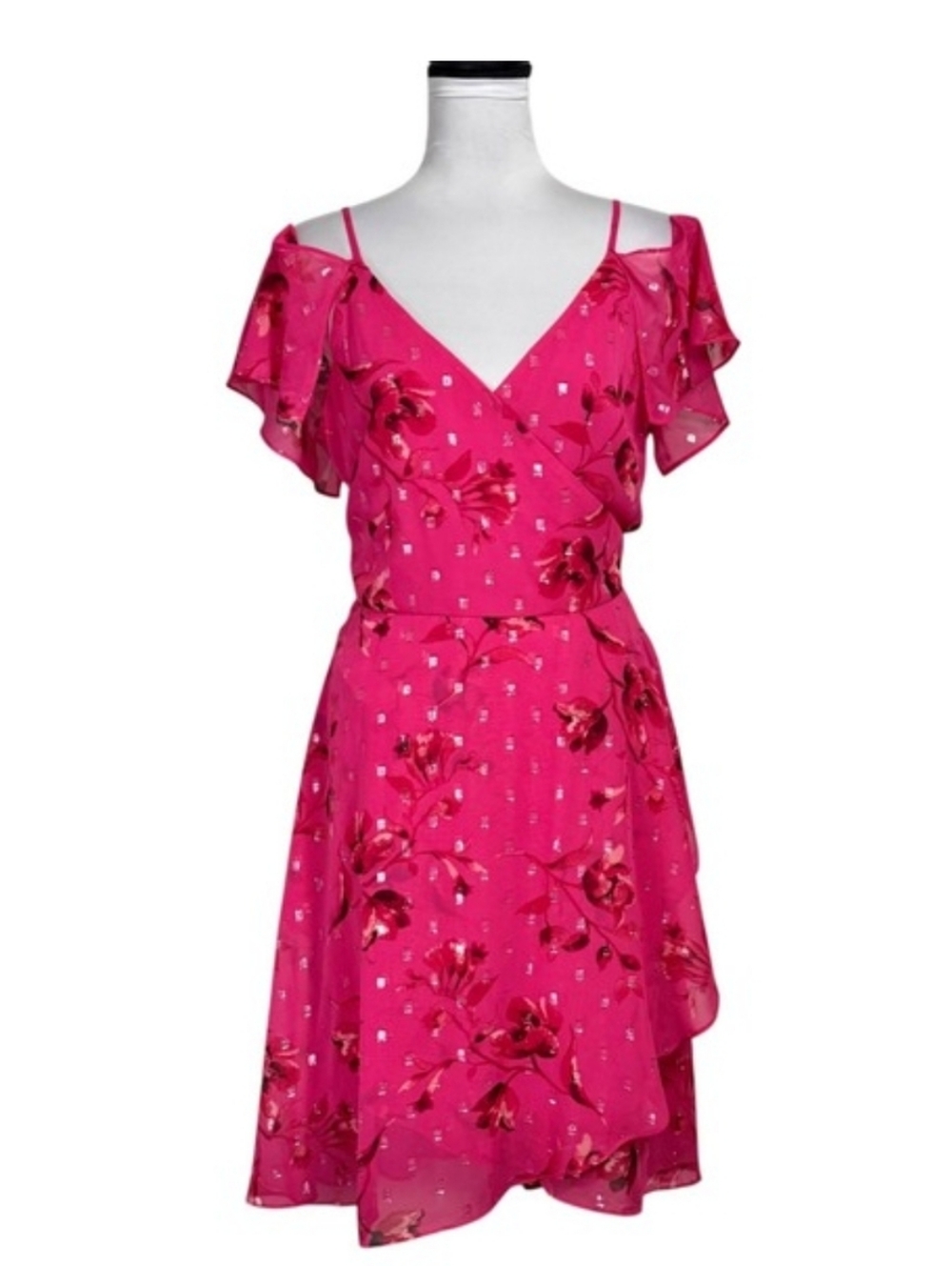 White House Black Market Hot Pink Floral Ruffle Cold-Shoulder Dress